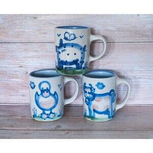 Vintage M.A. Hadley The End Coffee Tea Mugs Set of 3 Farm Animals Stoneware
